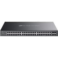 Black TP-Link Omada 52-Port Gigabit Smart Switch with 32-Port PoE+, sleek design, multiple Ethernet ports.
