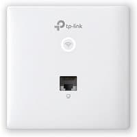 White TP-Link Omada AC1200 wall-plate access point with Ethernet port and Wi-Fi symbol on front.