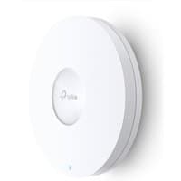 White TP-Link Omada AX1800 ceiling mount WiFi 6 access point with circular design and central TP-Link logo.