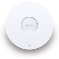 White TP-Link Omada AX3000 WiFi 6 access point, circular design, ceiling mount, with central logo and LED indicator.