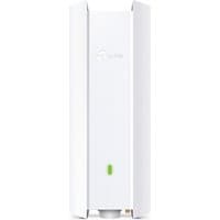 White TP-Link Omada AX3000 WiFi 6 Access Point with vertical design and green LED indicator.