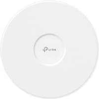 White TP-Link Omada BE9300 ceiling mount tri-band Wi-Fi 7 access point with circular design and central logo.