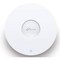 White TP-Link Omada EAP653 wireless access point, round shape, central logo, blue LED indicator, PoE compatible.