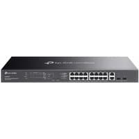 Black TP-Link Omada ES220GMP network switch with 24 Ethernet ports, LED indicators, and PoE support.