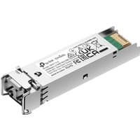 Silver TP-Link Omada Gigabit SFP Module, single-mode MiniGBIC with LC interface and green circuit connectors.