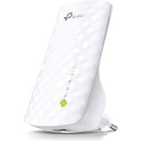 White TP-Link RE200 network extender with textured pattern, LED indicators, and plug-in design.