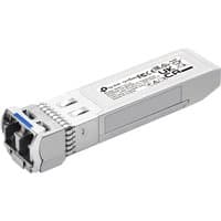 TP-Link SM6110-LR silver network transceiver module with dual fiber optic ports and labeled top surface.
