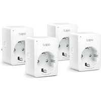 White TP-Link Tapo Mini Smart Wi-Fi Sockets with round plug openings and compact design, set of four.