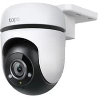 White and black TP-Link Tapo outdoor pan/tilt security Wi-Fi camera with wall mount bracket.