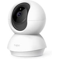 White TP-Link Tapo security camera with spherical design, black lens, and pan/tilt feature.