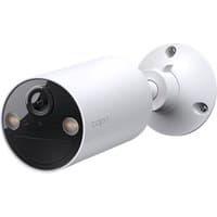 White TP-Link Tapo smart wire-free security camera with black lens face and wall mount bracket.