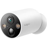 White TP-Link Tapo smart security camera, cylindrical shape, black front panel with lens and sensors.