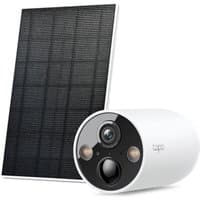 TP-Link Tapo solar-powered security camera kit with white cylindrical camera and rectangular black solar panel.