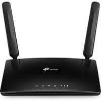 Black TP-Link TL-MR6400 wireless router with two antennas and LED indicators on the front panel.
