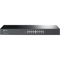 Black TP-Link TL-SF1016 Ethernet switch with 16 ports and LED indicators in a sleek 1U rackmount design.