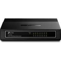 Black TP-Link TL-SF1016D network switch with 16 Fast Ethernet ports and LED indicators on front panel.