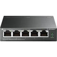 Black TP-Link TL-SG1005LP network switch with 5 Ethernet ports and PoE support, compact rectangular design.