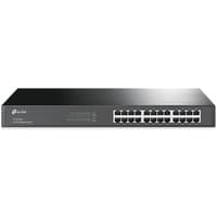 Black TP-Link TL-SG1024 network switch with 24 Ethernet ports and LED indicators on the front panel.
