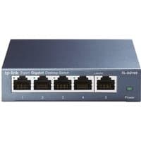 Black TP-Link TL-SG105 network switch with five Ethernet ports and LED indicators on the front panel.