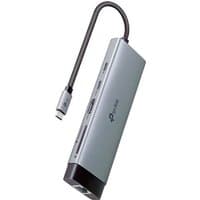 TP-Link silver USB-C hub with multiple ports, black cable, and TP-Link logo on top.