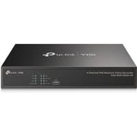 Black TP-Link VIGI 4 Channel PoE+ Network Video Recorder with LED indicators and sleek rectangular design