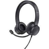 Black Trust HS-201 wired headset with USB Type-A, padded ear cups, adjustable headband, and flexible microphone.