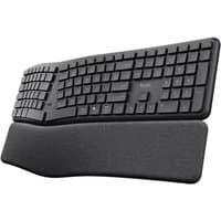 Black Trust Keyra ergonomic wireless keyboard with curved design and cushioned wrist rest.
