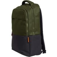 Green Trust Lisboa backpack with 16" capacity, featuring a dark gray base, front pocket, and padded shoulder straps.