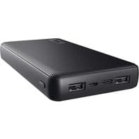 Black Trust Primo 20000 mAh power bank with textured surface, dual USB ports, and micro USB input.