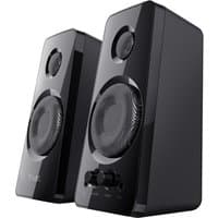 Black Trust Tytan wired speakers with glossy finish, circular drivers, and front control knobs.