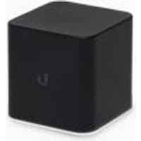 Black Ubiquiti airCube router with PoE, cube shape, smooth matte finish, subtle logo on front.