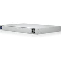 Ubiquiti Gateway Pro, sleek silver design, four Ethernet ports, LED indicators, slim rectangular chassis.