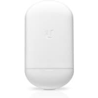 White Ubiquiti NanoStation 5AC Loco with rounded edges, compact design, and embossed logo, supports PoE.
