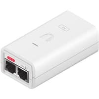 White Ubiquiti PoE adapter with two Ethernet ports, LED indicator, and 24V label on top surface.
