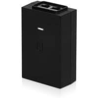 Black Ubiquiti PoE adapter with two Ethernet ports and LED indicator, rectangular design, model POE-48-24W-G.