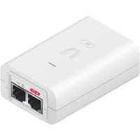 White Ubiquiti PoE adapter with two Ethernet ports, LED indicator, and smooth rectangular design.