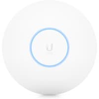 White Ubiquiti U6-PRO wireless access point with blue LED ring, circular design, supports Power over Ethernet (PoE).