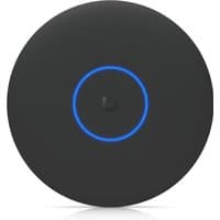 Black Ubiquiti ceiling-mounted access point with blue LED ring, circular design, WiFi 7, 8 stream capability.