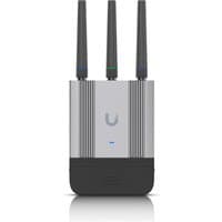 Ubiquiti UMR-Industrial Cellular router, silver with three black antennas and blue LED indicator.