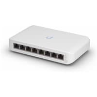 White Ubiquiti UniFi Switch Lite 8 PoE with eight Ethernet ports and sleek, compact design.