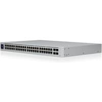 Ubiquiti UniFi USW-48-POE switch, stainless steel, 48 Ethernet ports, 1U rack-mountable, PoE capability.