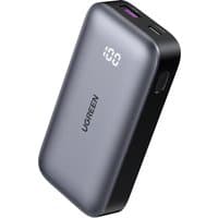 Grey Ugreen 10000mAh mini powerbank with digital display, USB-C port, and rounded edges.