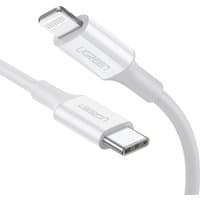 White Ugreen 1m lightning cable with USB-C and lightning connectors, sleek design with Ugreen logo on connectors.