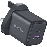 Grey Ugreen 30W GaN charger with dual ports, USB-C and USB-A, compact design with UK plug.