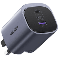 Ugreen 65W grey GaN charger with three ports, two USB-C and one USB-A, compact design with UK plug.