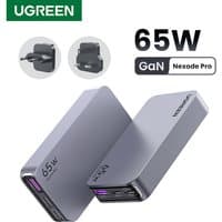 Gray Ugreen Nexode Pro 65W GaN charger with dual USB ports, foldable plug, and compact design.
