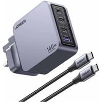 Grey and silver Ugreen Nexode Pro fast charger with dual USB-C ports and one USB-A port, includes two braided cables.