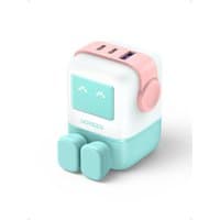 Blue Ugreen Uno 65W GaN charger with three ports, compact design, and rounded edges.