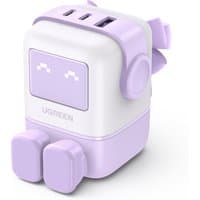 White and lavender Ugreen USB-A+2C 65W GaN charger with cute robot design and foldable plug.