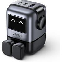 Black Ugreen USB-A+2C 65W GAN charger with digital face display and foldable prongs.